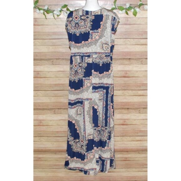 Cato Ladies Blue Patterned Maxi Dress Size XL V-Neck Sleeveless Stretch Long - Picture 5 of 9